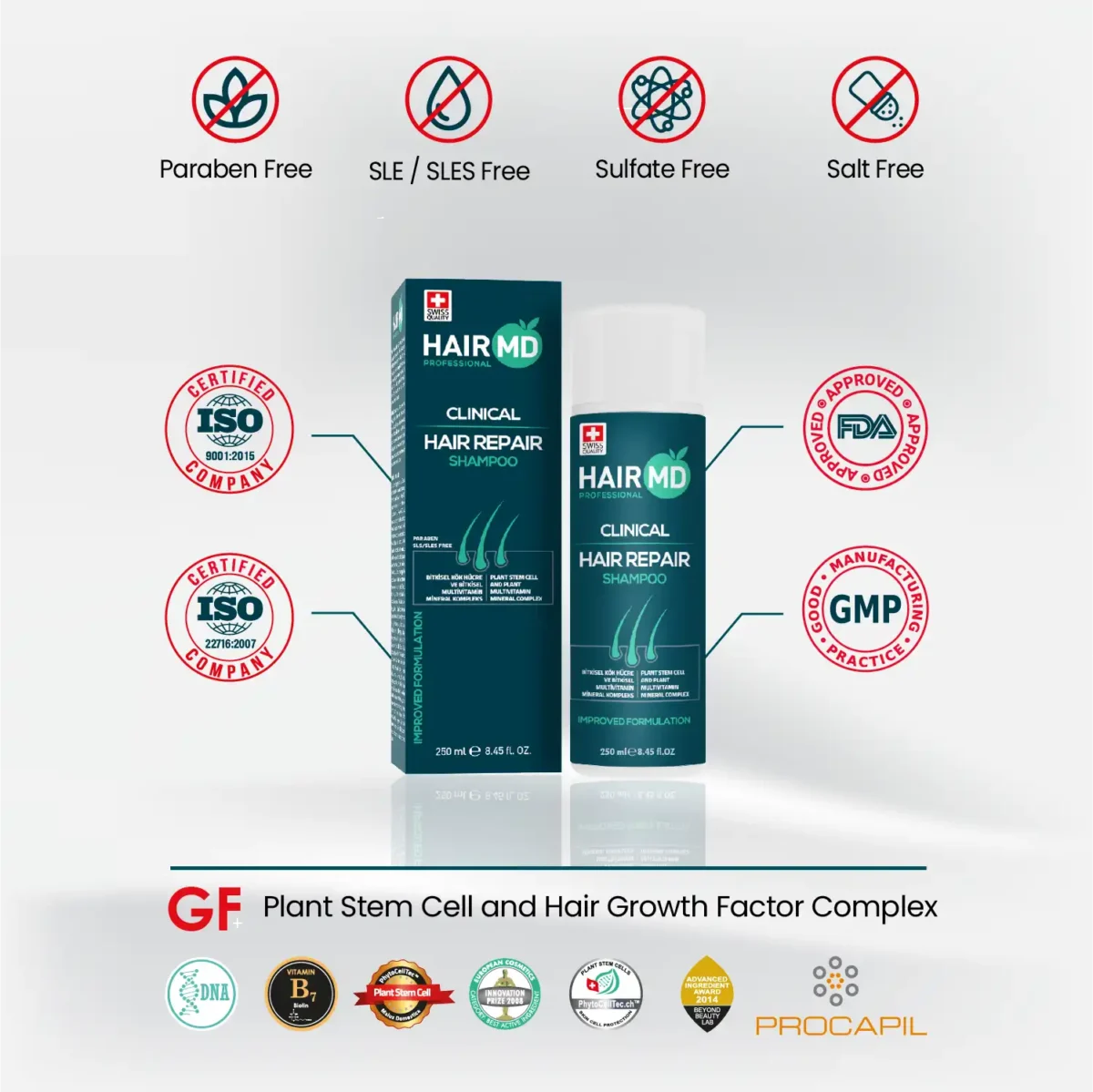 HairMD Hair Repair Shampoo certification and claims visual