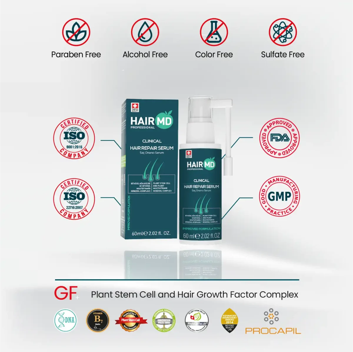 HairMD Hair Repair Serum certifications and free‑from statements