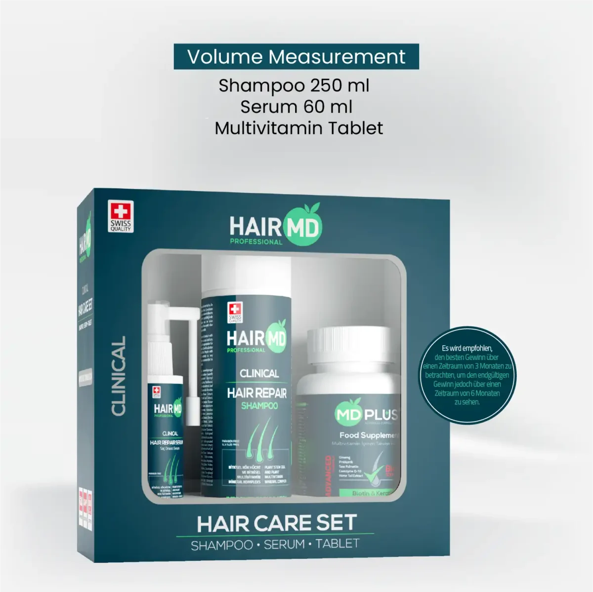 HairMD Hair Care Set volume information – Shampoo 250 ml, Serum 60 ml, Multivitamin Tablet