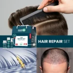 Lifestyle collage with HairMD Hair Repair Set, scalp illustration, and combing scene
