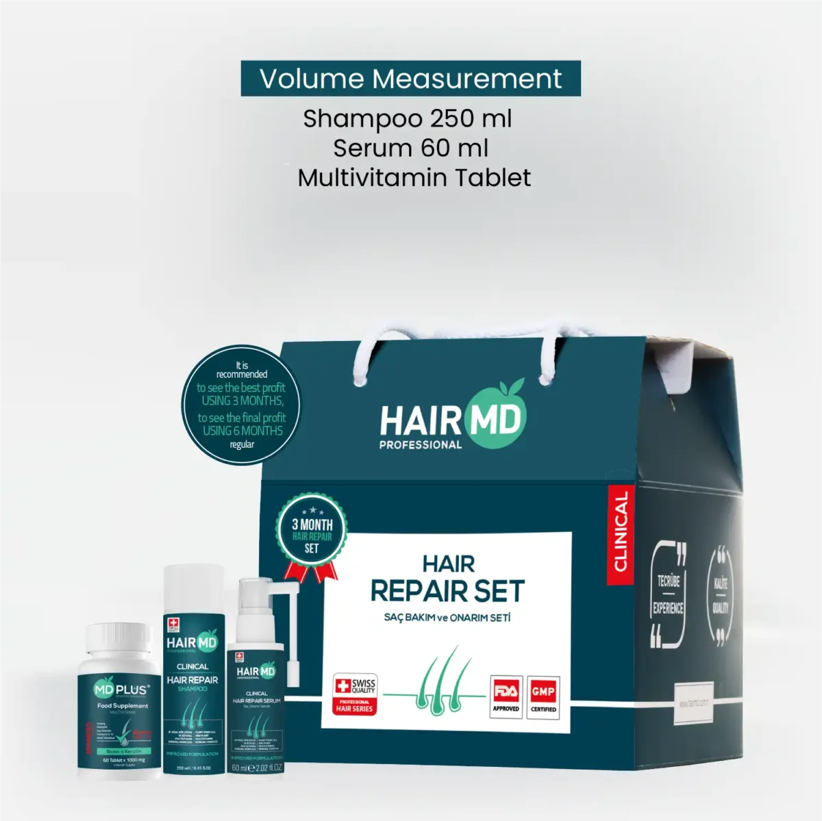 HairMD Hair Repair Set with contents overview and volume details
