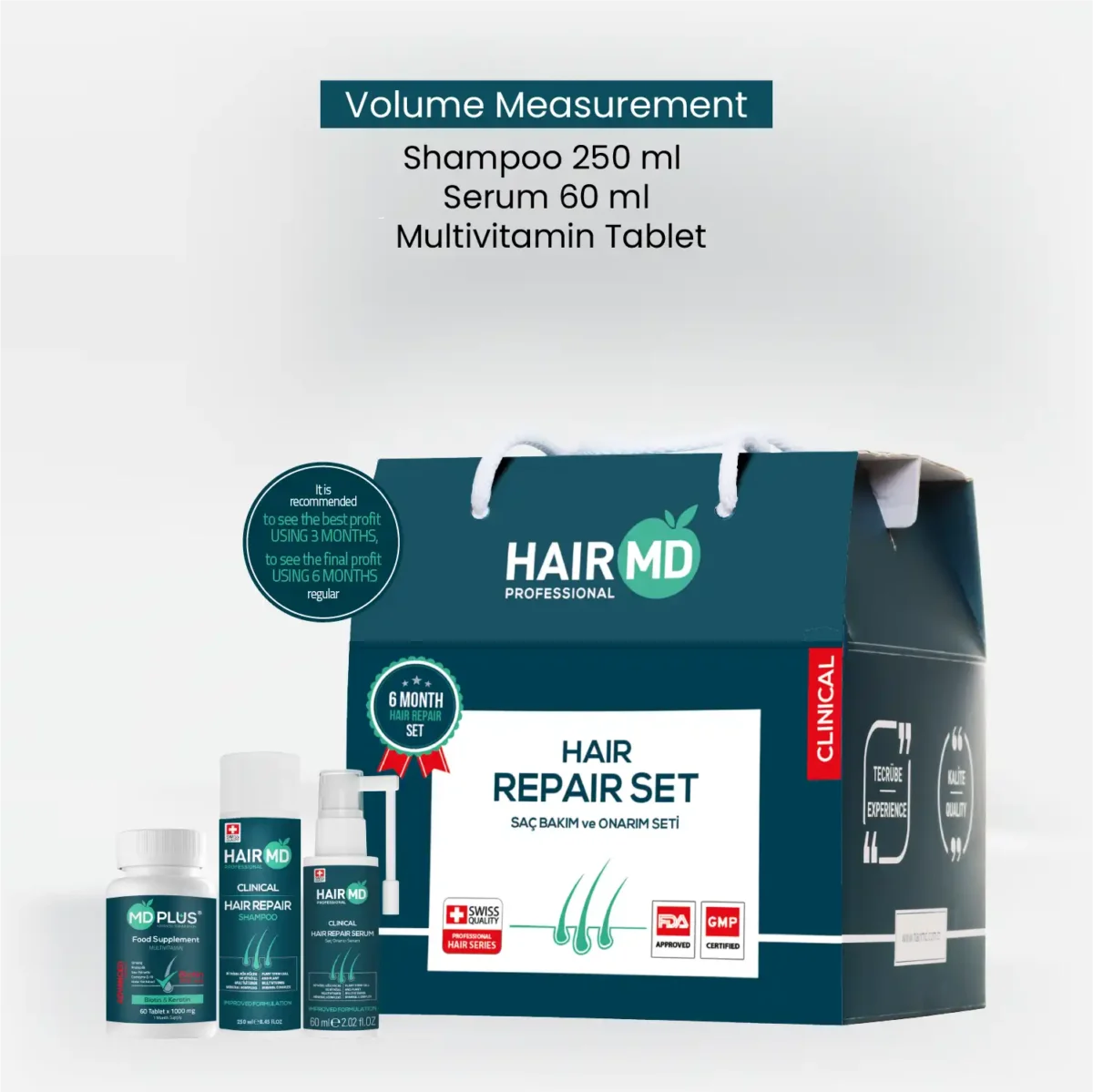 HairMD set with product line‑up and volumes: shampoo 250 ml, serum 60 ml, multivitamin tablets