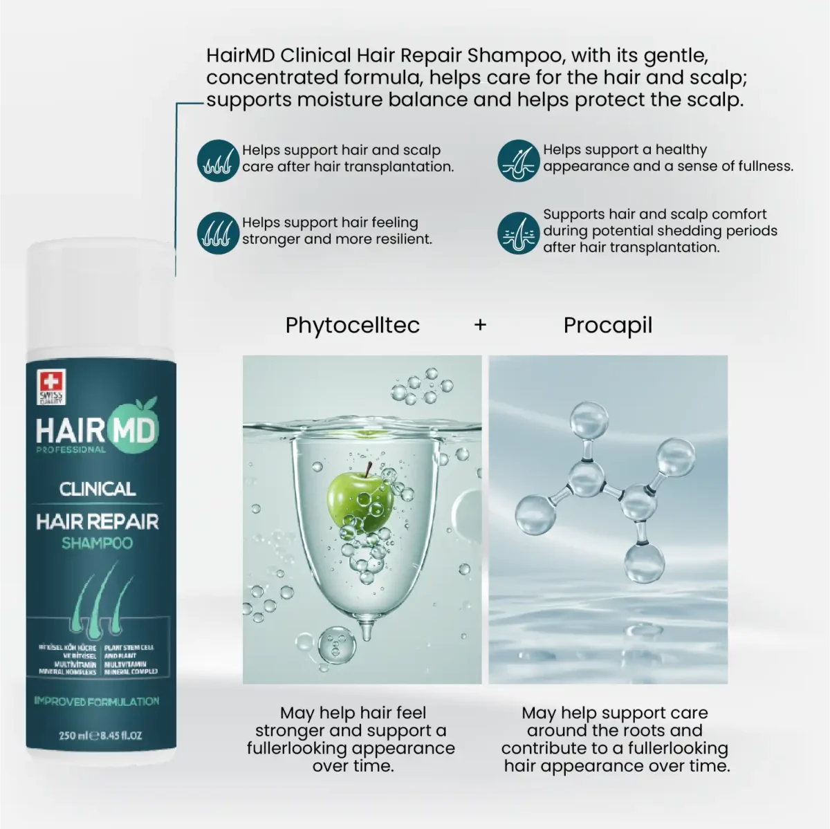 HairMD Clinical Hair Repair Shampoo with PhytoCellTec apple and Procapil molecule visuals