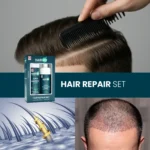 airMD shampoo & foam set box, styled hair close‑up, follicle illustration and scalp photo
