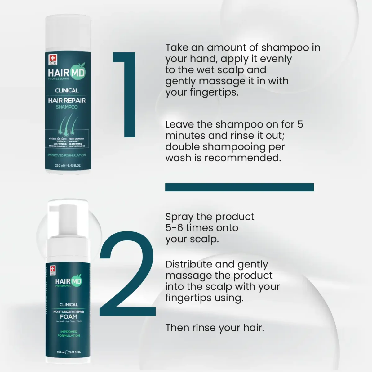 Step‑by‑step usage guide for HairMD shampoo and repair foam