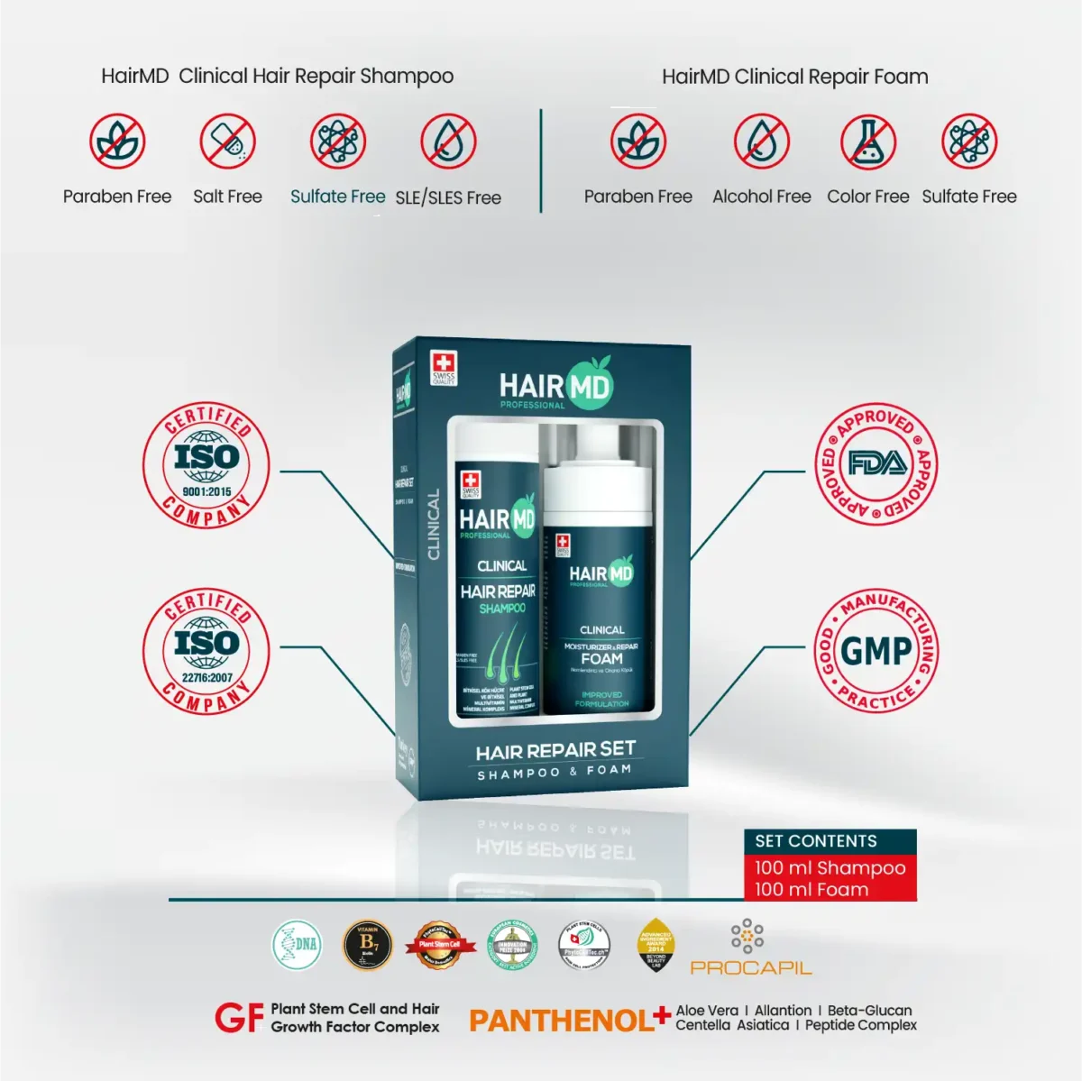HairMD shampoo & foam set with free‑from icons and ISO, FDA, GMP badges