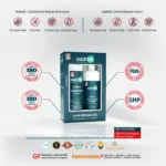 HairMD shampoo & foam set with free‑from icons and ISO, FDA, GMP badges