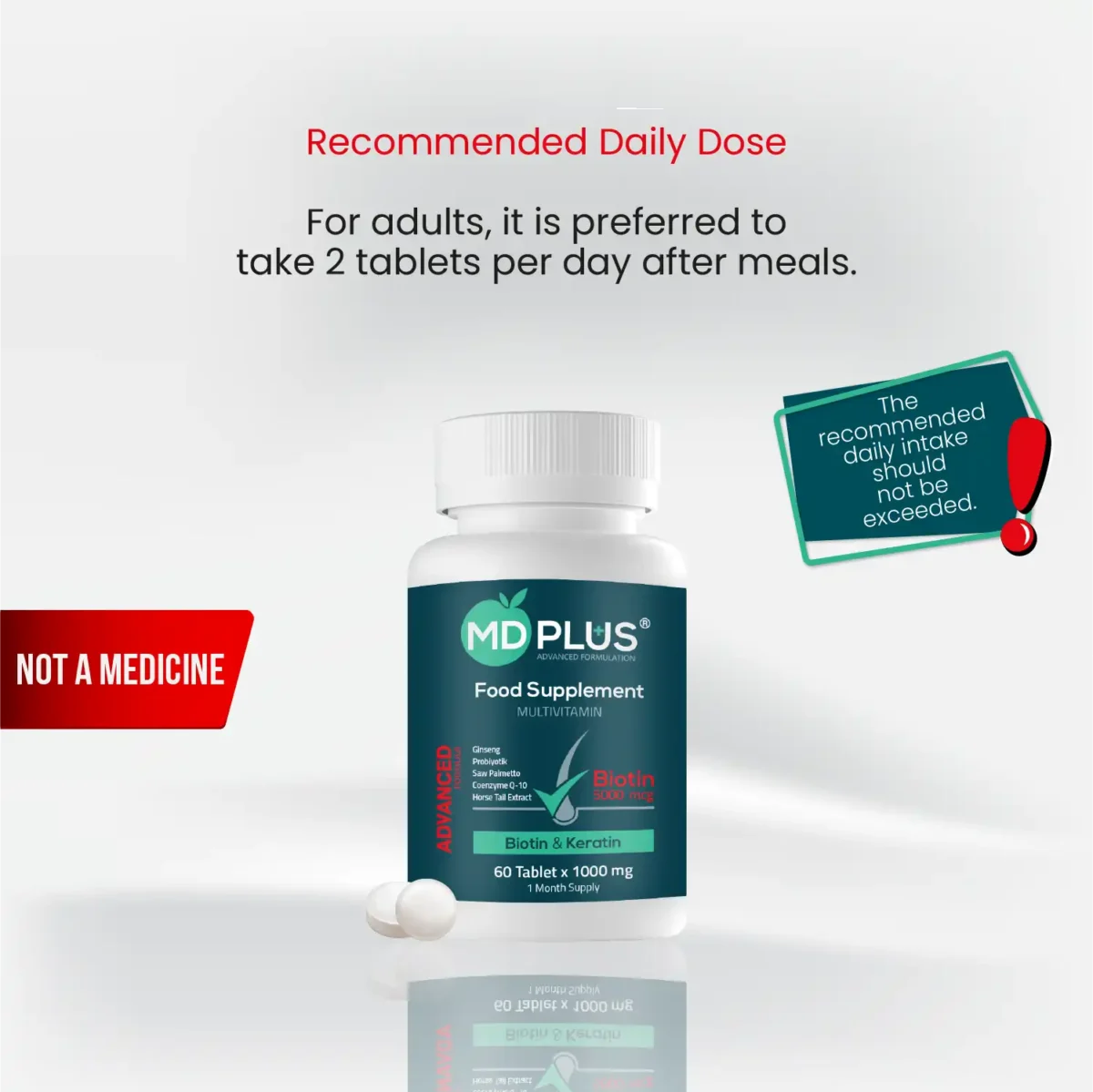 MD‑Plus bottle with “Recommended Daily Dose” note and “Not a Medicine” label