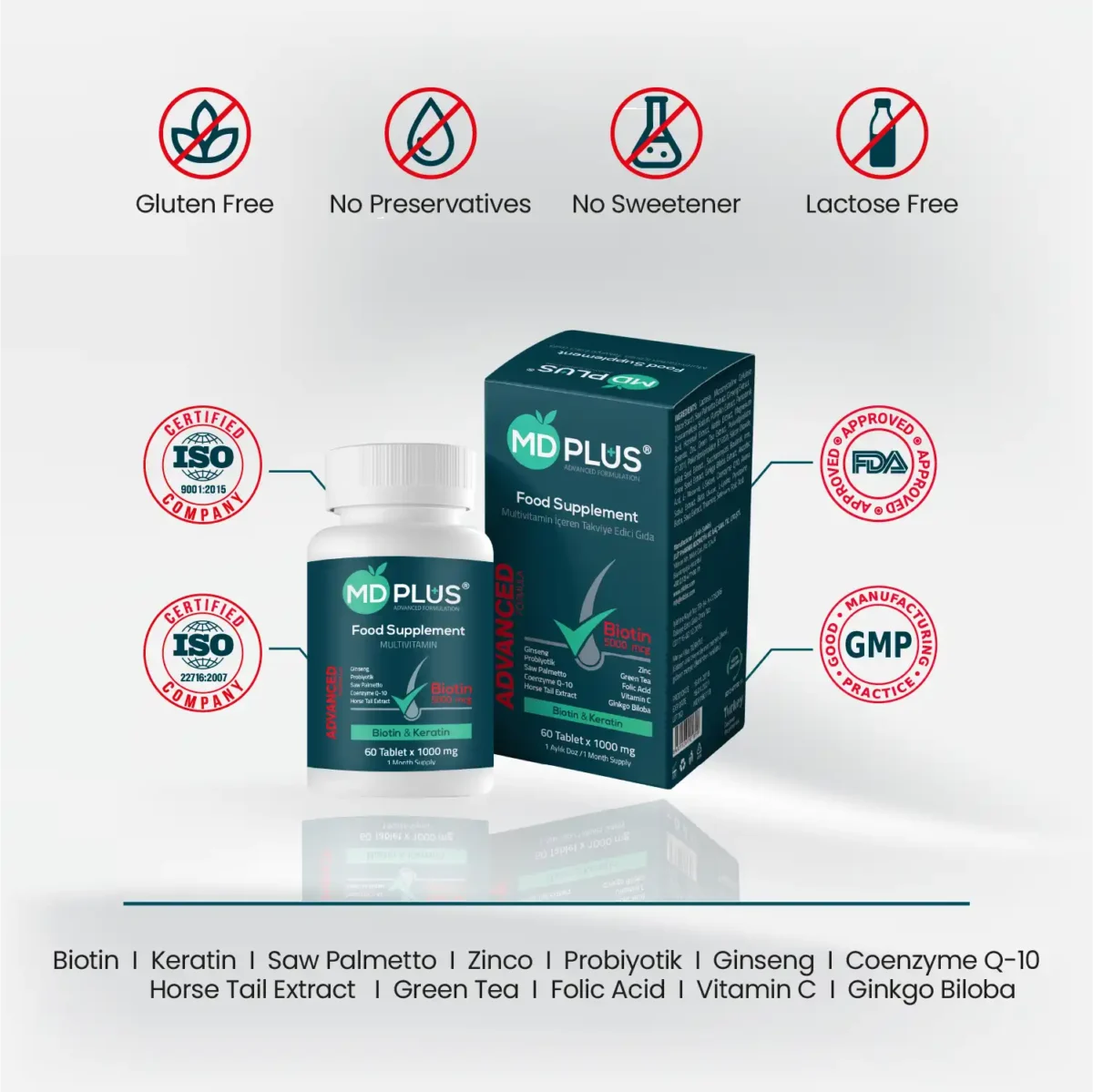 MD‑Plus bottle and box with gluten‑free, no preservatives, no sweetener and lactose‑free icons plus certification badges
