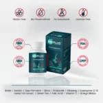 MD‑Plus bottle and box with gluten‑free, no preservatives, no sweetener and lactose‑free icons plus certification badges