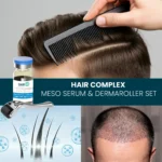 Collage showing combed hair, dermaroller, serum vial and scalp visuals