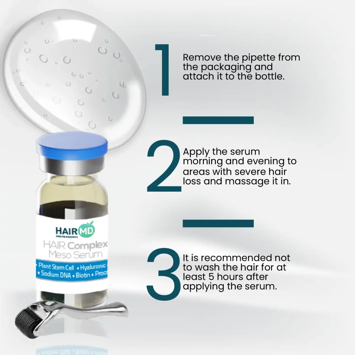 Step‑by‑step usage guide for HairMD Meso Serum with pipette and dermaroller