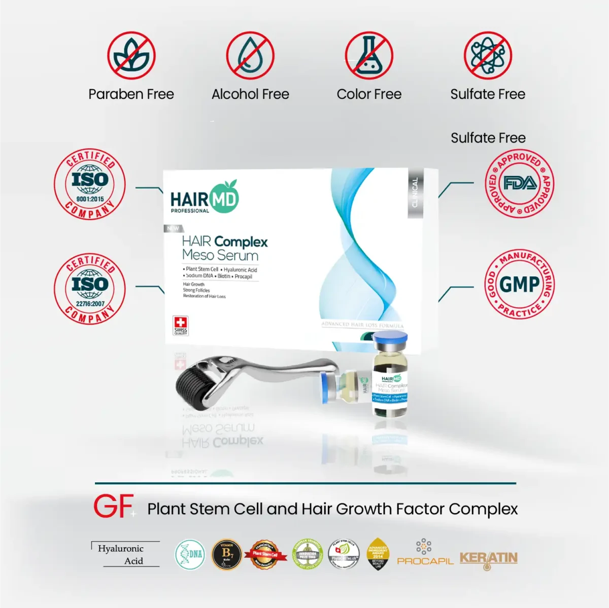 HairMD Meso Serum set with free‑from icons and ISO, FDA, GMP badges