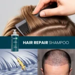 Collage with combed hair, shampoo bottle and scalp visuals