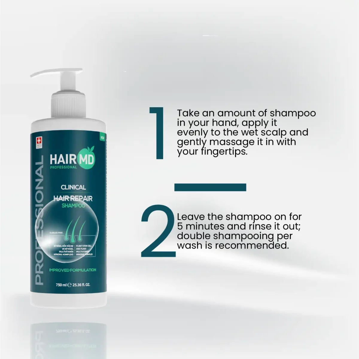 Step‑by‑step usage guide beside 750 ml pump shampoo