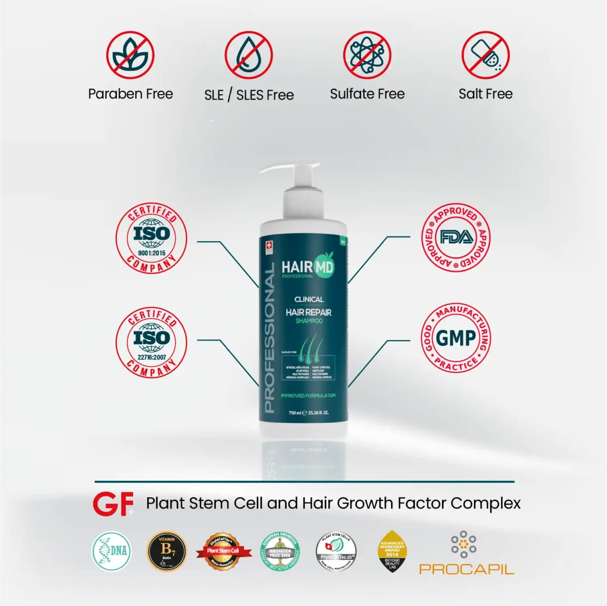 750 ml Hair Repair Shampoo with free‑from icons and ISO, FDA, GMP references