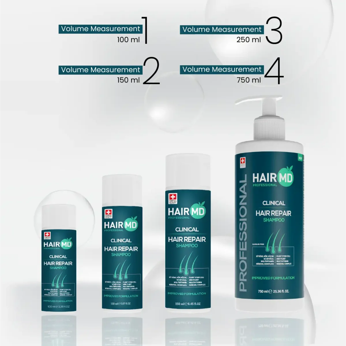 Size comparison of HairMD Hair Repair Shampoo 100 ml, 150 ml, 250 ml and 750 ml