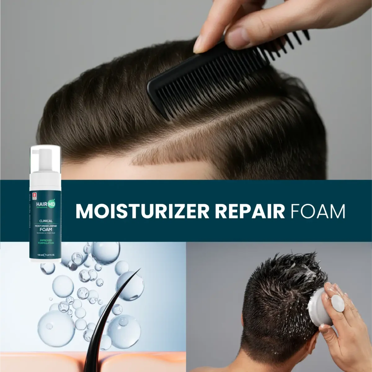 Collage with styled hair, foam application and product bottle for grooming routine