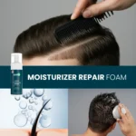 Collage with styled hair, foam application and product bottle for grooming routine