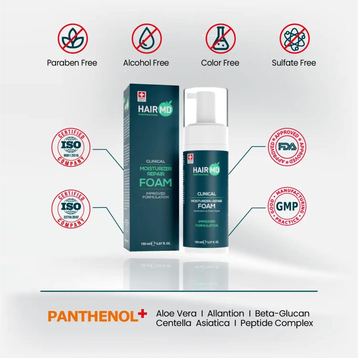 HairMD Repair Foam box and bottle with free‑from icons and certification badges