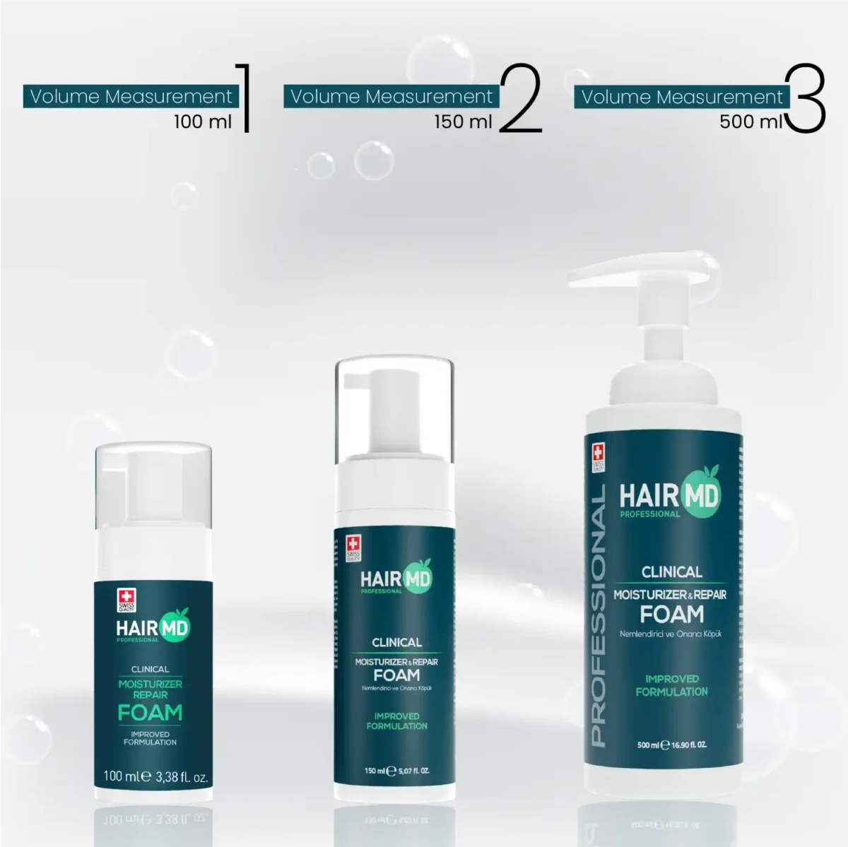 Three HairMD repair foam sizes with volume measurements 100 ml, 150 ml and 500 ml