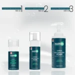 Three HairMD repair foam sizes with volume measurements 100 ml, 150 ml and 500 ml