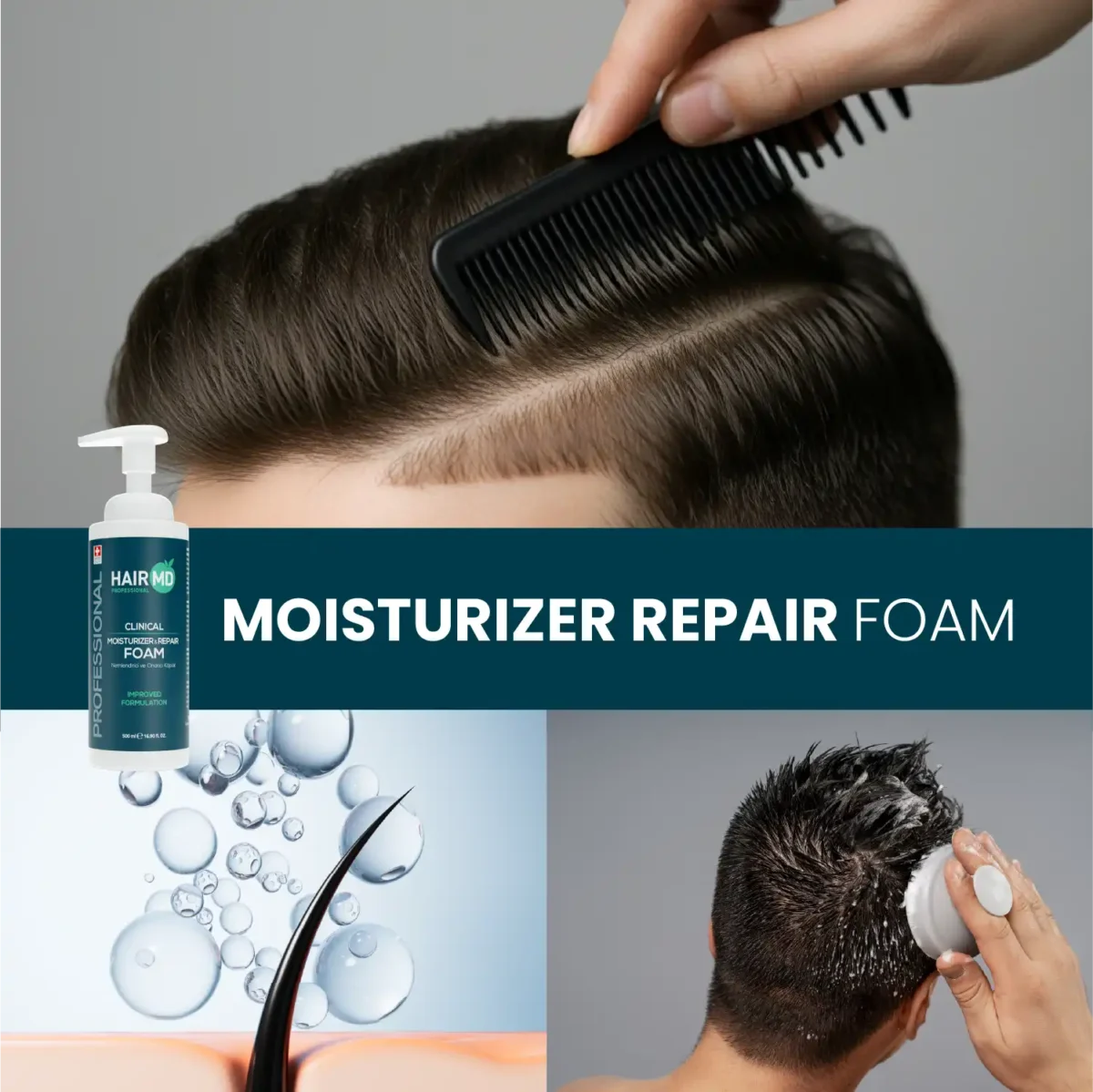 Collage with combed hair, foam lathering and 500 ml bottle for routine care