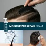 Collage with combed hair, foam lathering and 500 ml bottle for routine care