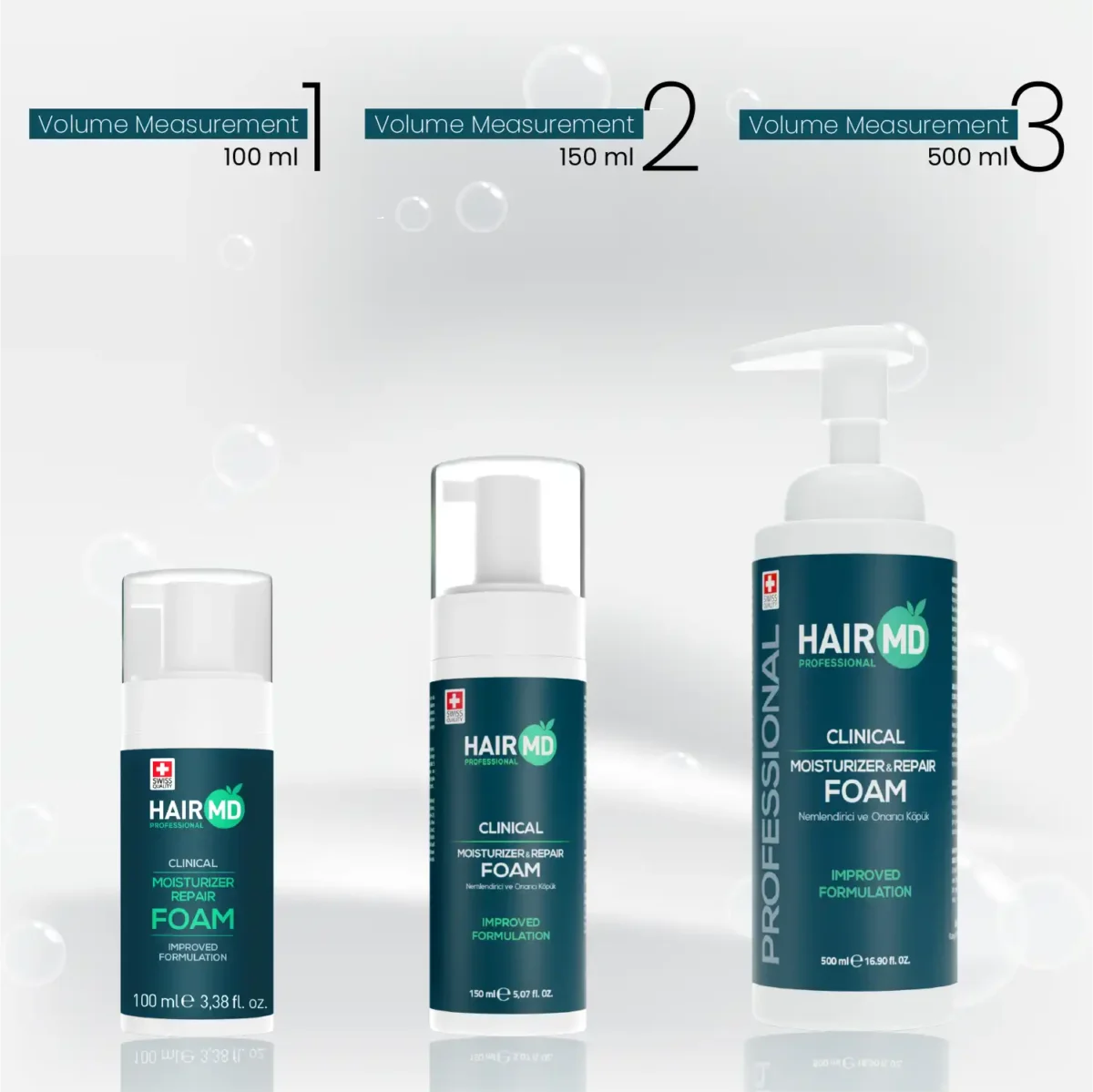 Size comparison of HairMD Repair Foam 100 ml, 150 ml and 500 ml bottles