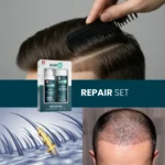 Collage with HairMD Repair Set box, styled hair close‑up, follicle illustration and scalp photo