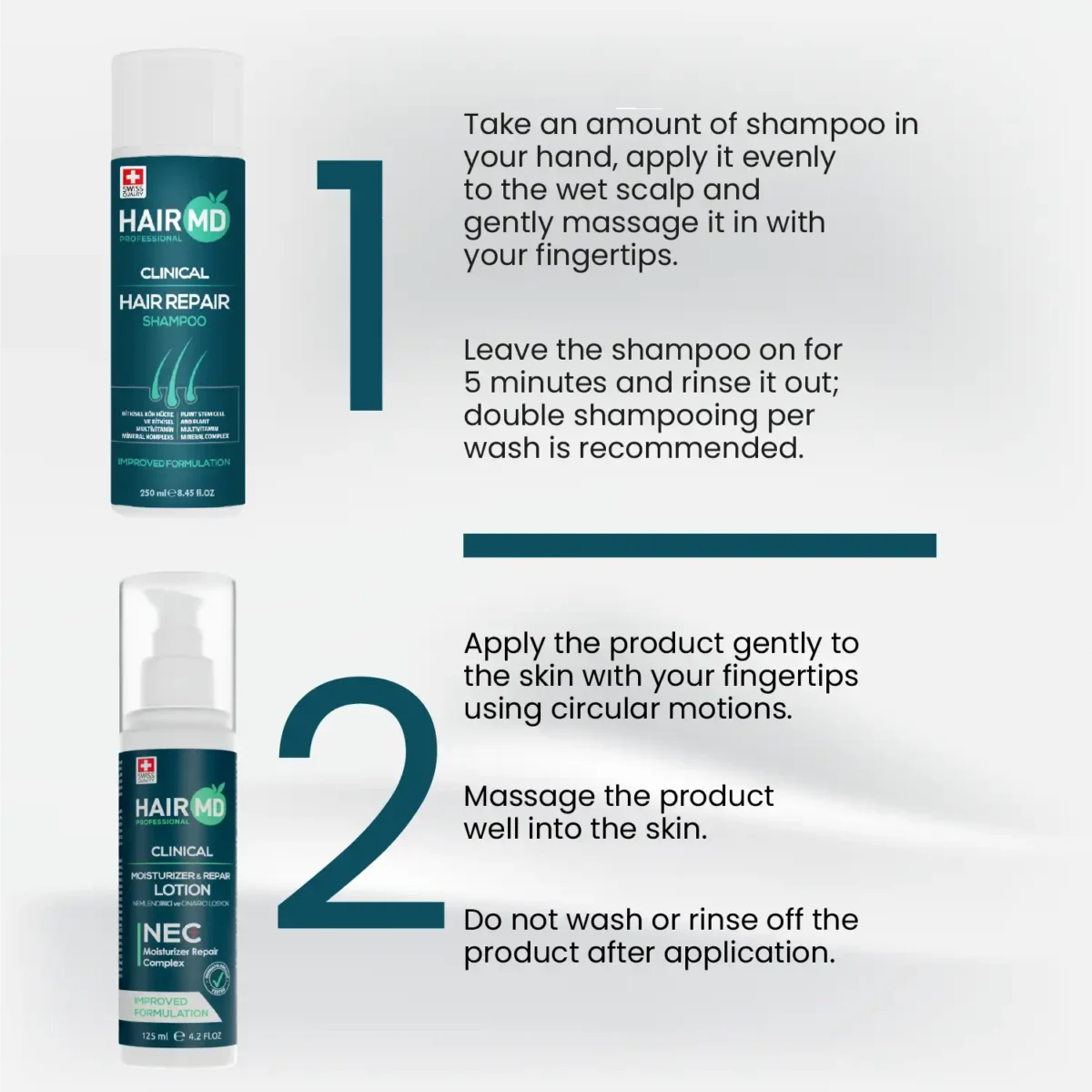 Step‑by‑step usage guide for HairMD shampoo and NEC repair lotion