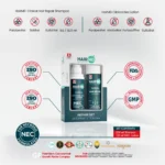 HairMD Repair Set with free‑from icons and ISO, FDA, GMP badges; set contents listed