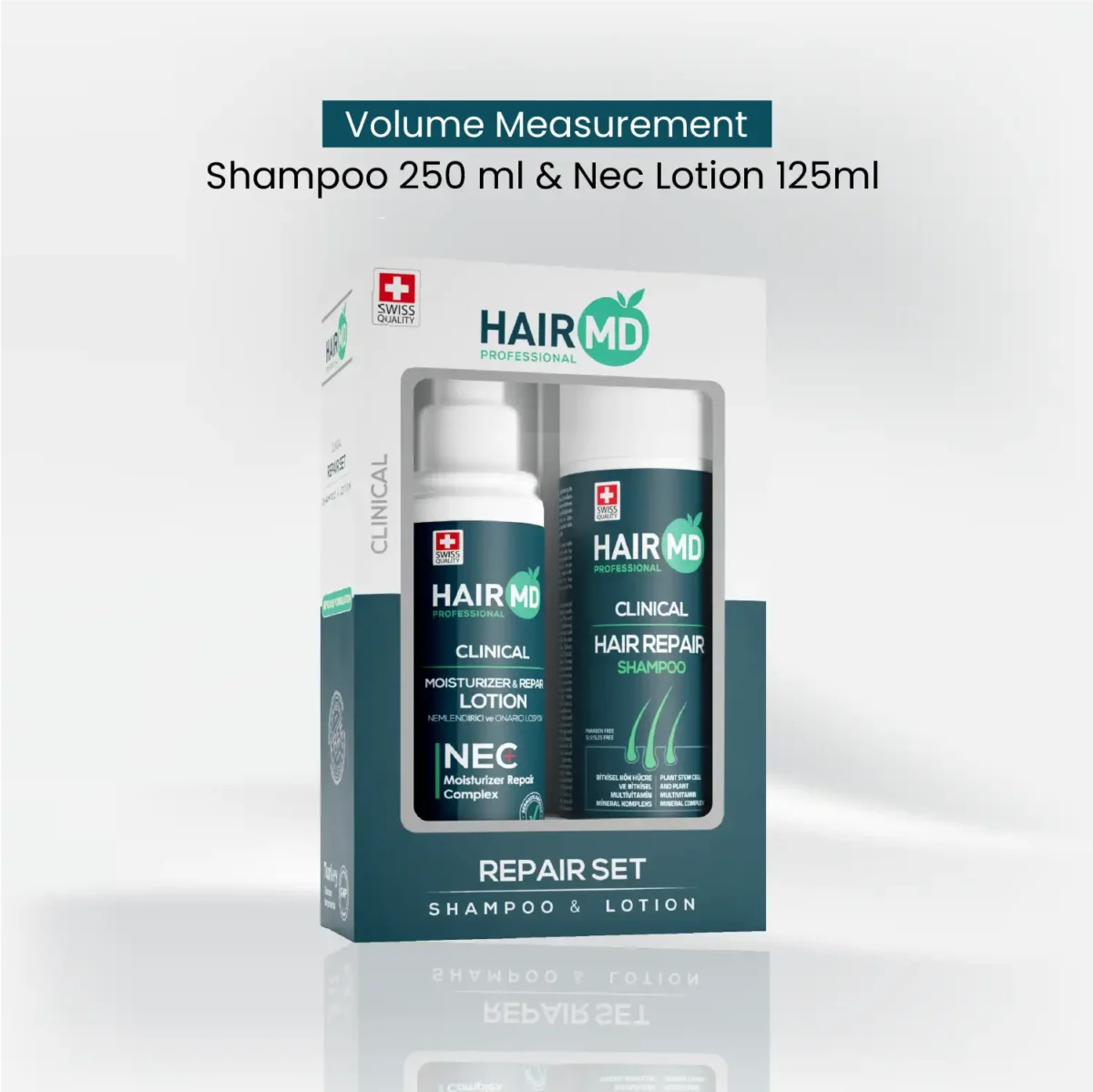 HairMD Repair Set box with volume note: Shampoo 250 ml and NEC Lotion 125 ml