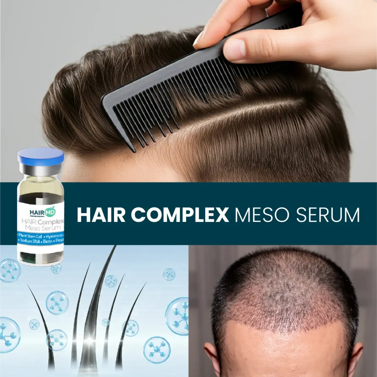 Collage with combed hair, scalp visuals and Hair Complex Meso Serum vial