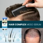 Collage with combed hair, scalp visuals and Hair Complex Meso Serum vial