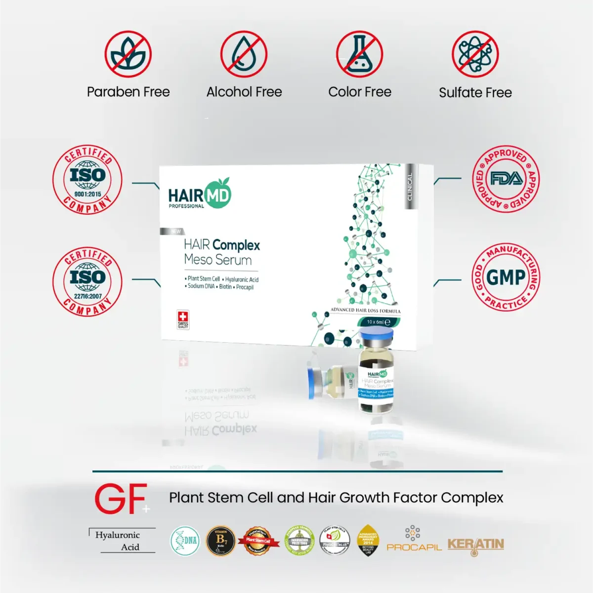Hair Complex Meso Serum with free‑from icons and ISO, FDA, GMP references