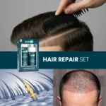 Lifestyle montage featuring HairMD Repair Set box, combed hair, scalp graphic and close cropped scalp