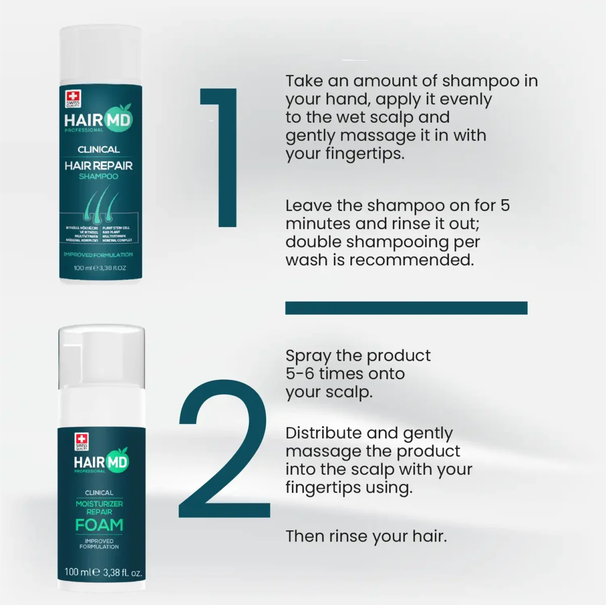 How to use HairMD Repair Set with numbered steps for shampoo and foam Title: Usage Guide – Shampoo First, Foam Second