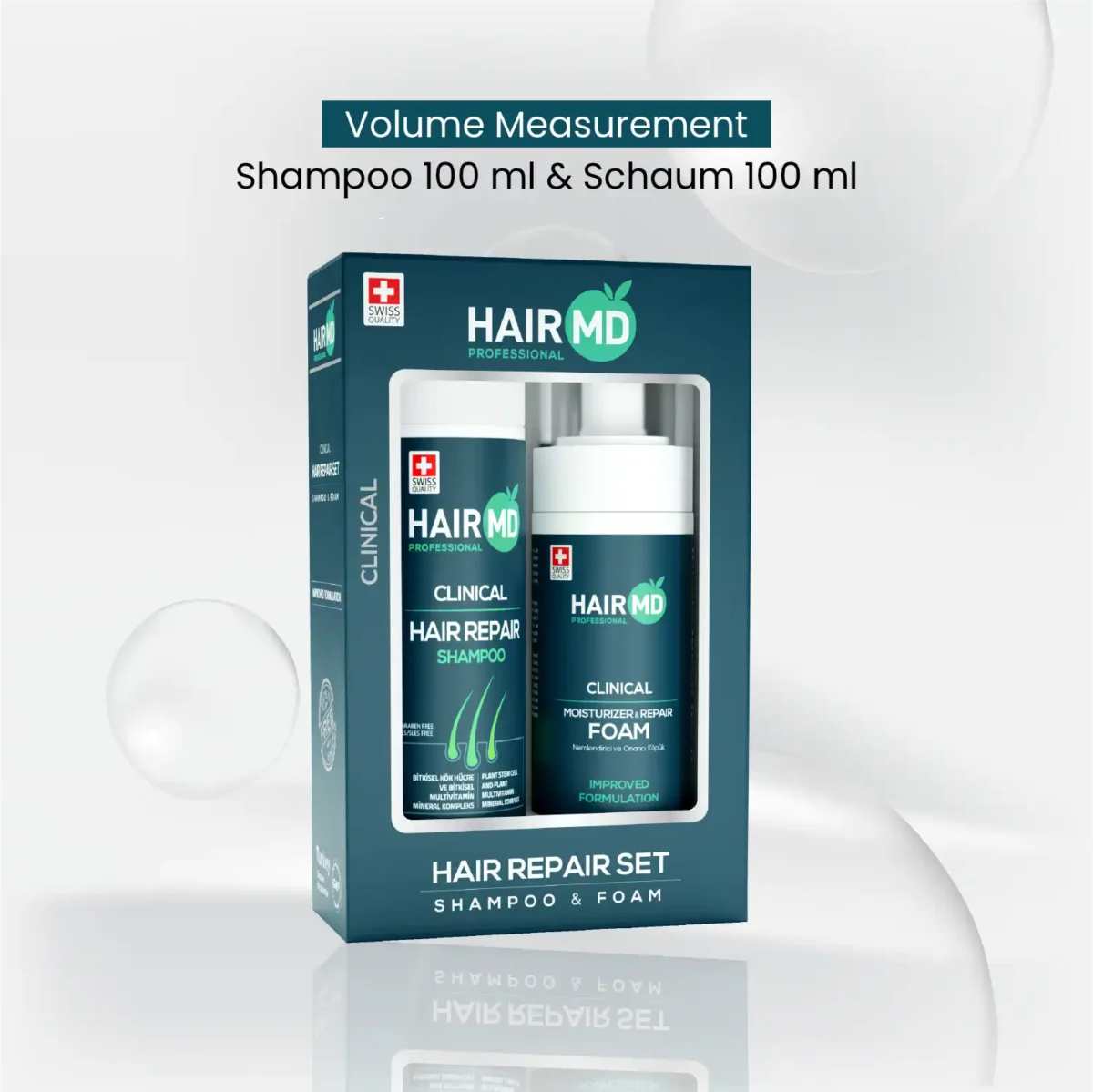 Volume measurement callout for HairMD Repair Set, Shampoo 100 ml and Foam 100 ml