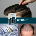 Lifestyle collage with combed hair, scalp illustration and HairMD Repair Set box