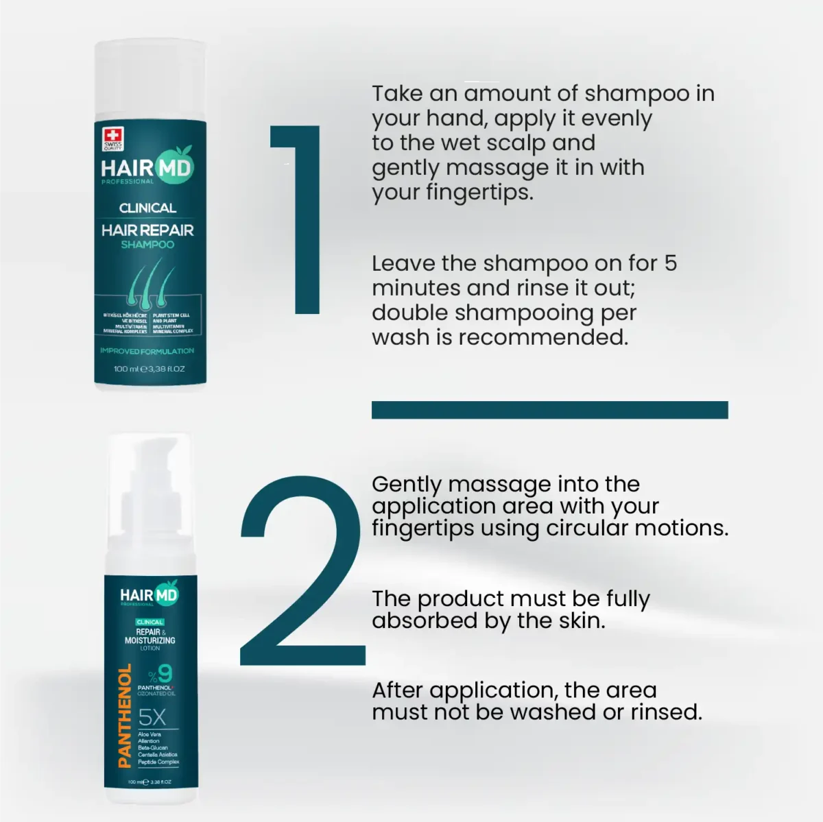How to use HairMD Repair Set with shampoo steps and lotion steps