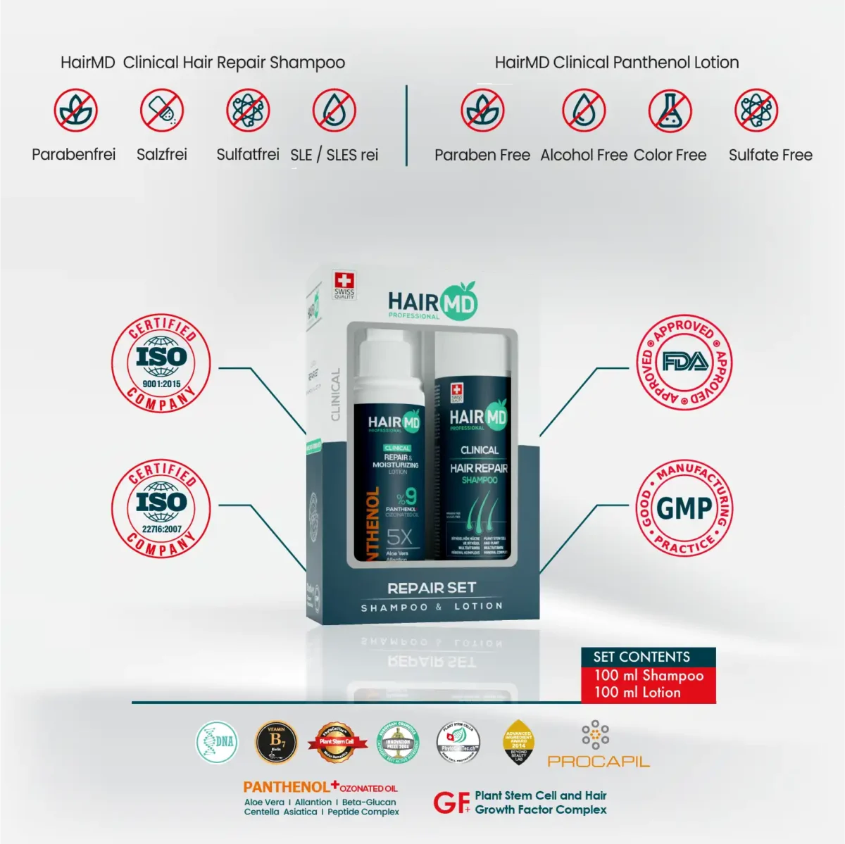 Repair Set with free‑from icons and quality references for shampoo and lotion