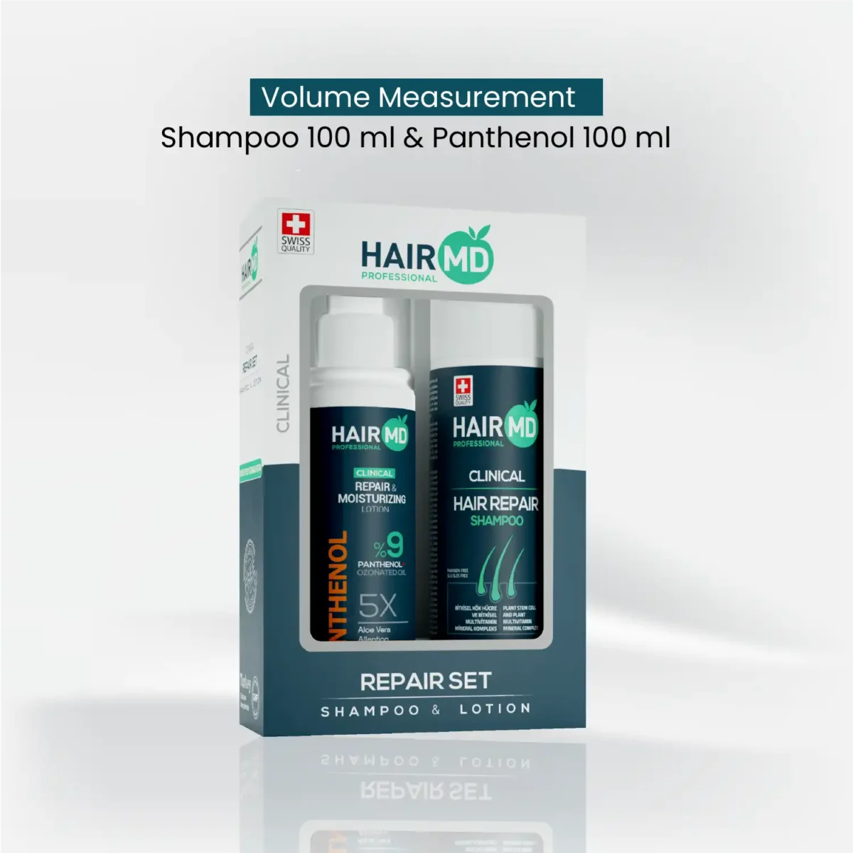 Volume measurement graphic indicating Shampoo 100 ml and Panthenol 100 ml