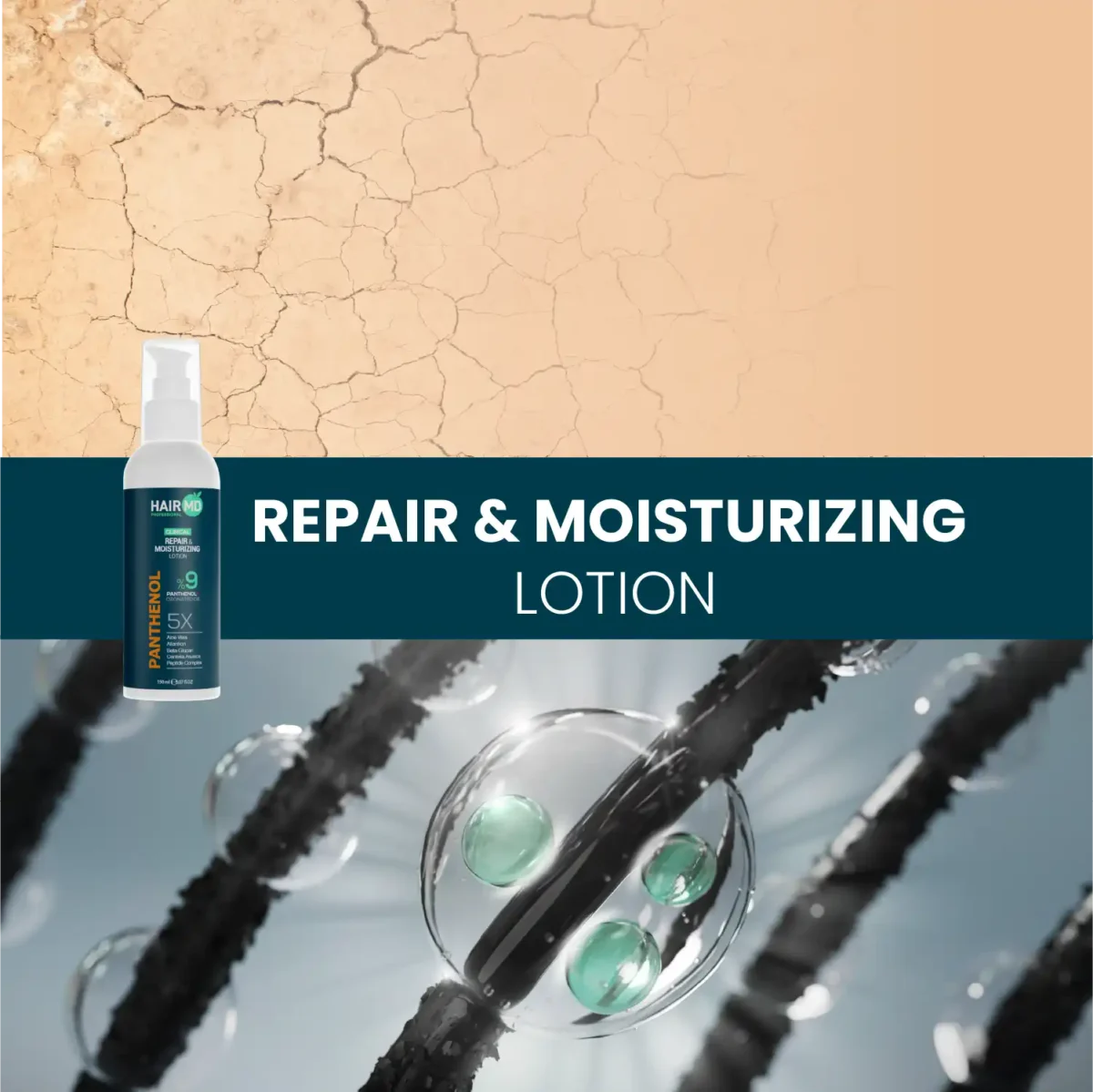 Repair and moisturizing lotion lifestyle collage with dry‑skin visual and hair fiber graphic