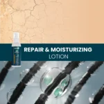 Repair and moisturizing lotion lifestyle collage with dry‑skin visual and hair fiber graphic