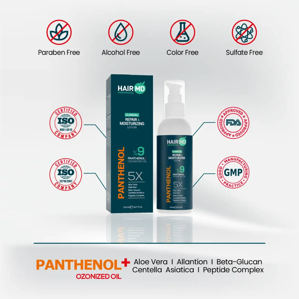HairMD Panthenol 9% Lotion with free‑from icons and quality references