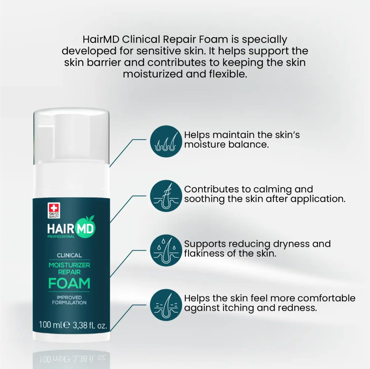 HairMD Repair Foam infographic highlighting moisture balance and comfort notes