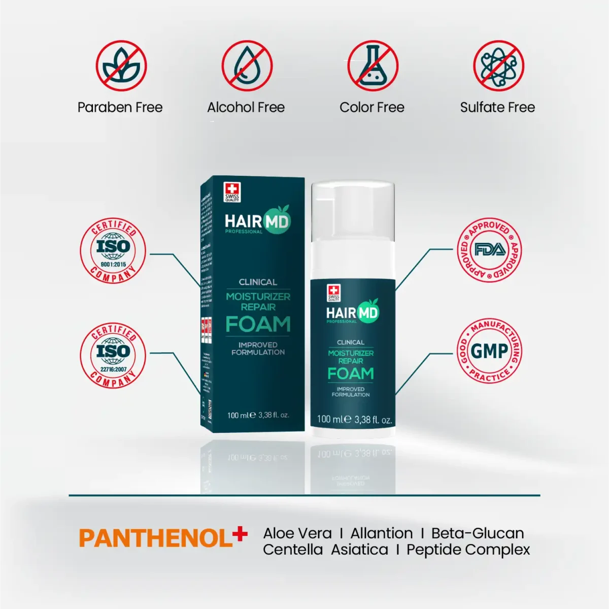 HairMD Repair Foam with free‑from icons and manufacturing quality references
