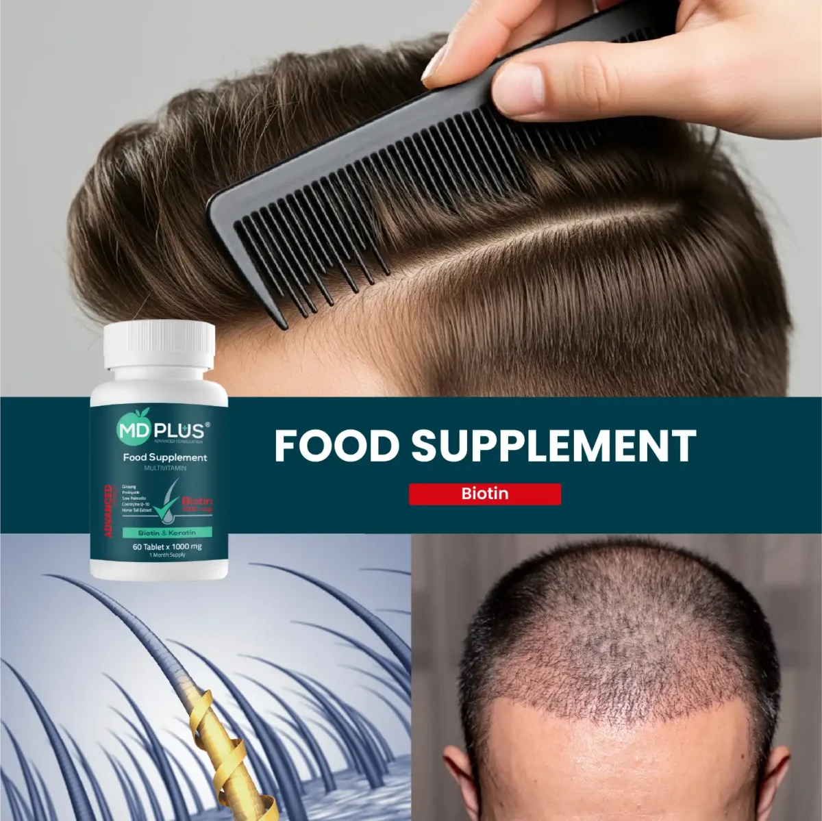 Lifestyle collage featuring MD‑Plus Biotin supplement and grooming visuals