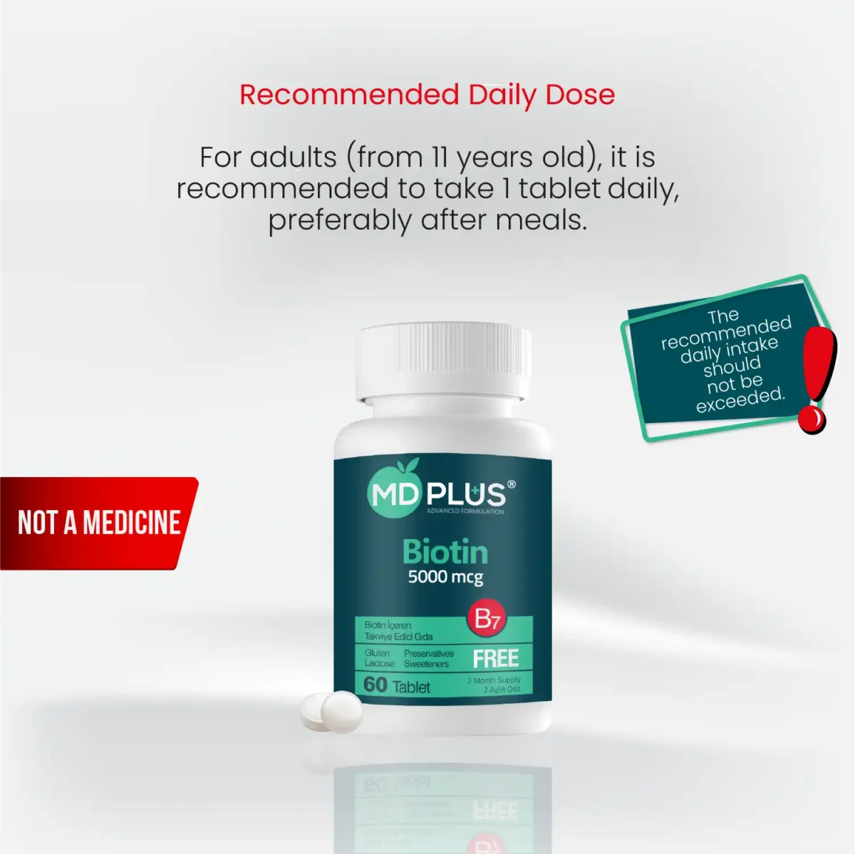 Recommended daily dose panel for MD‑Plus Biotin 5000 mcg